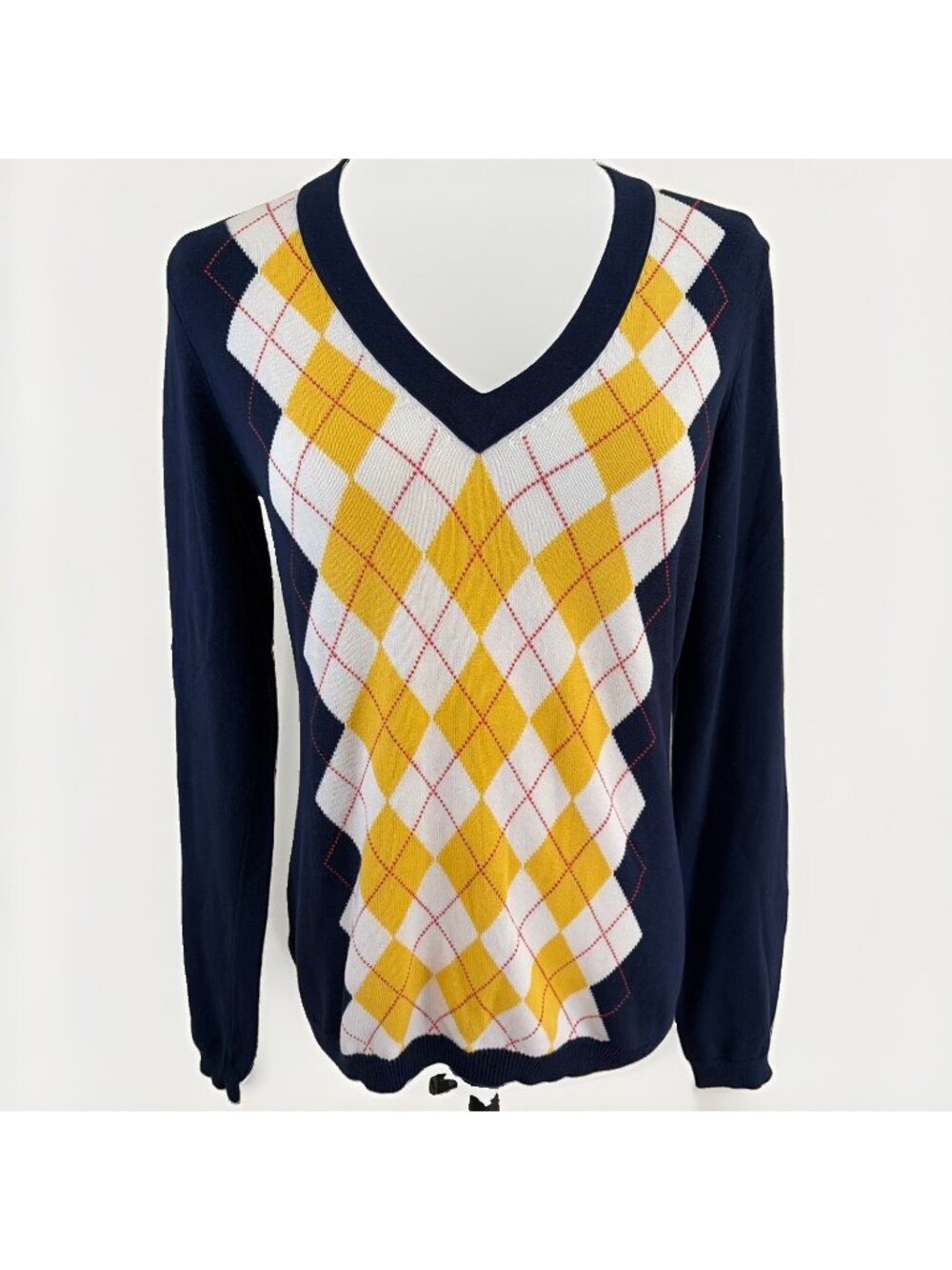 J Crew Women's Argyle V Neck Sweater Size S Navy 100% Cotton Preppy Academia Y2K